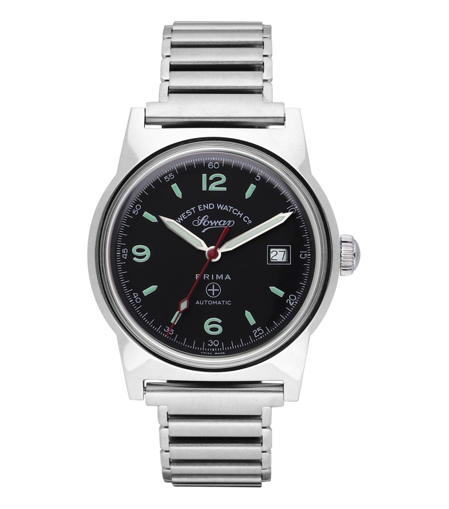 West End Watch in a rich historical color, elegant round face, classic strap, captured from an angled side view.
