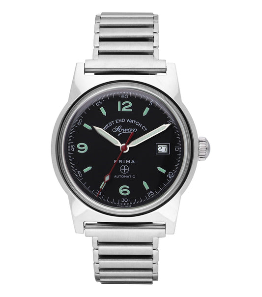 West End Watch in a rich historical color, elegant round face, classic strap, captured from an angled side view.