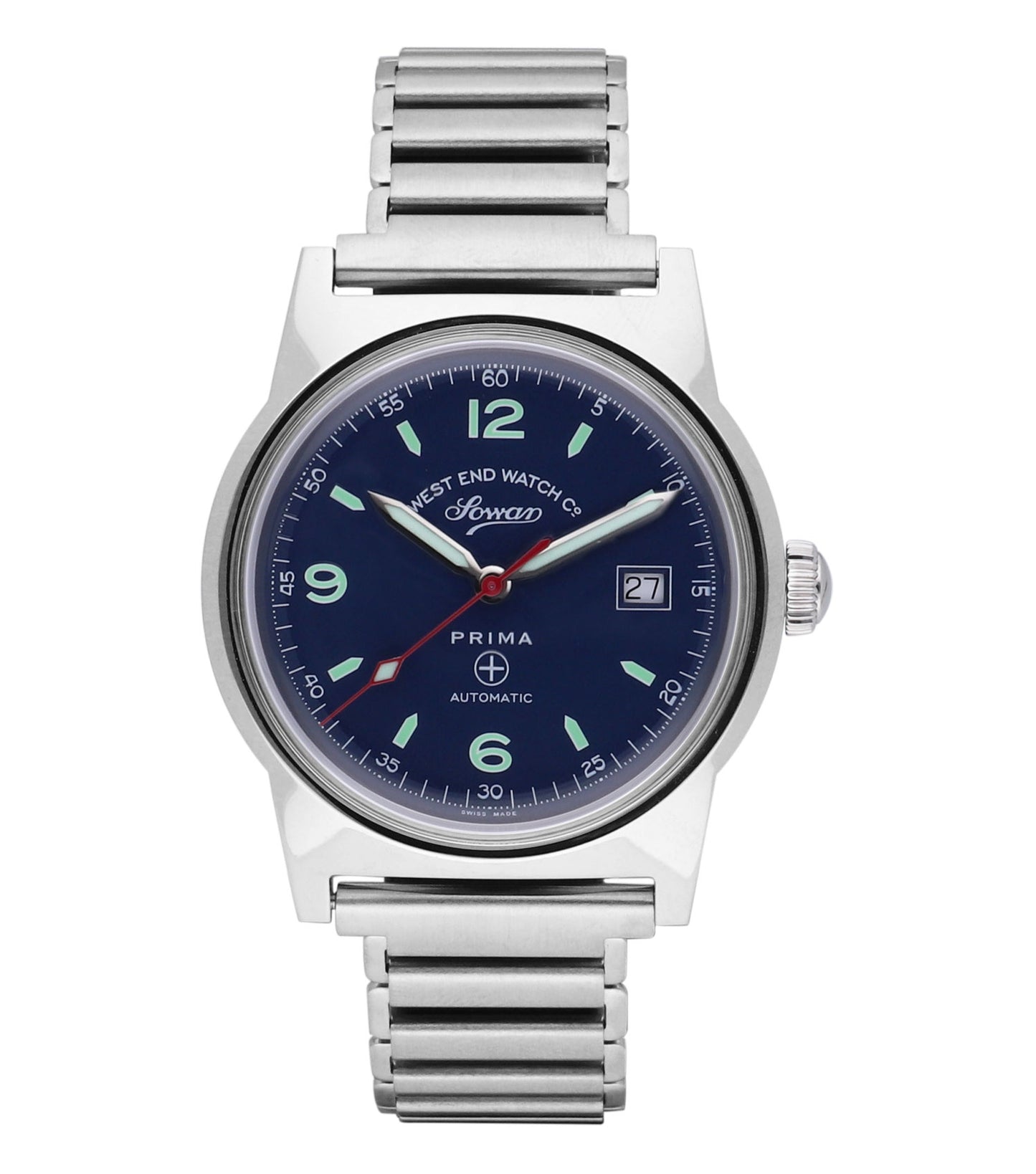 West End elegant watch showing a sleek, none color dial, classic black leather strap; face angled slightly to the left.
