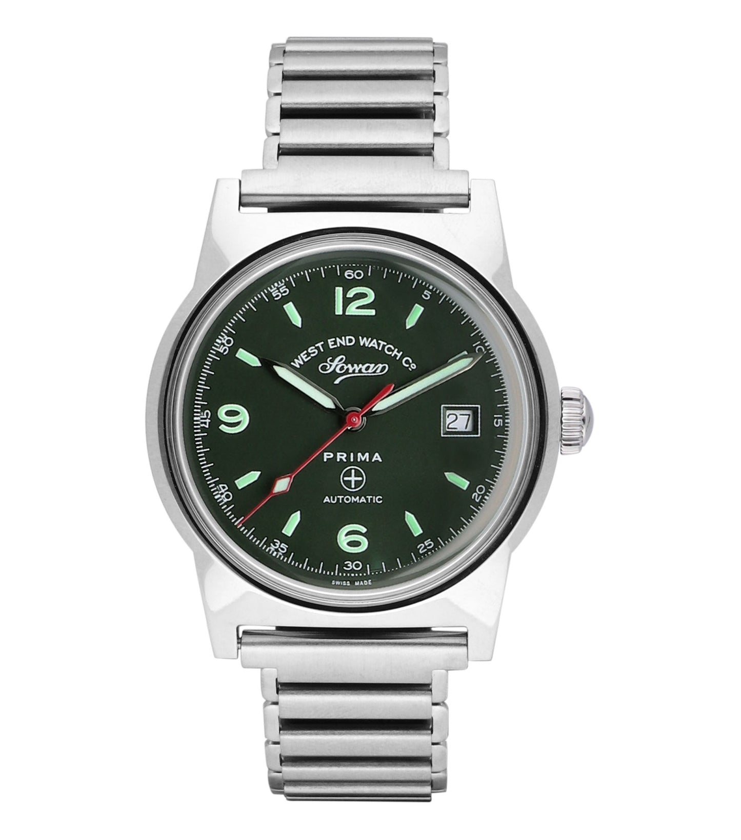 West End Watch in historical color, frontal view displaying intricate dial design, vintage beige leather strap, and sleek casing.