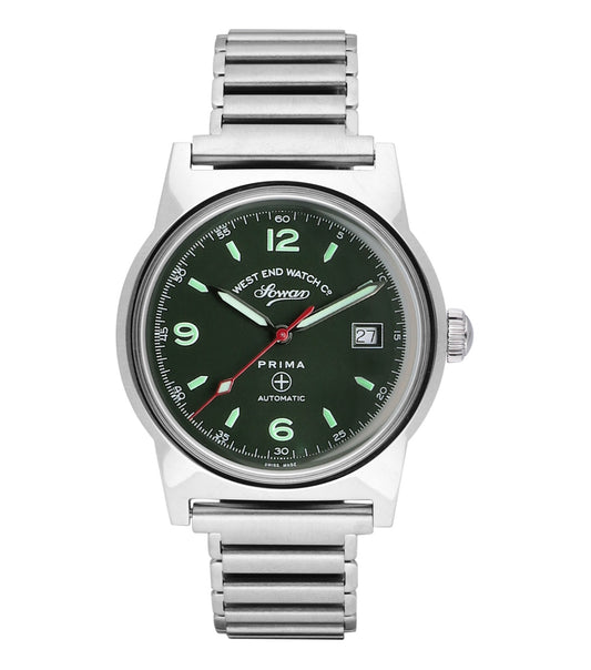 West End Watch in historical color, frontal view displaying intricate dial design, vintage beige leather strap, and sleek casing.