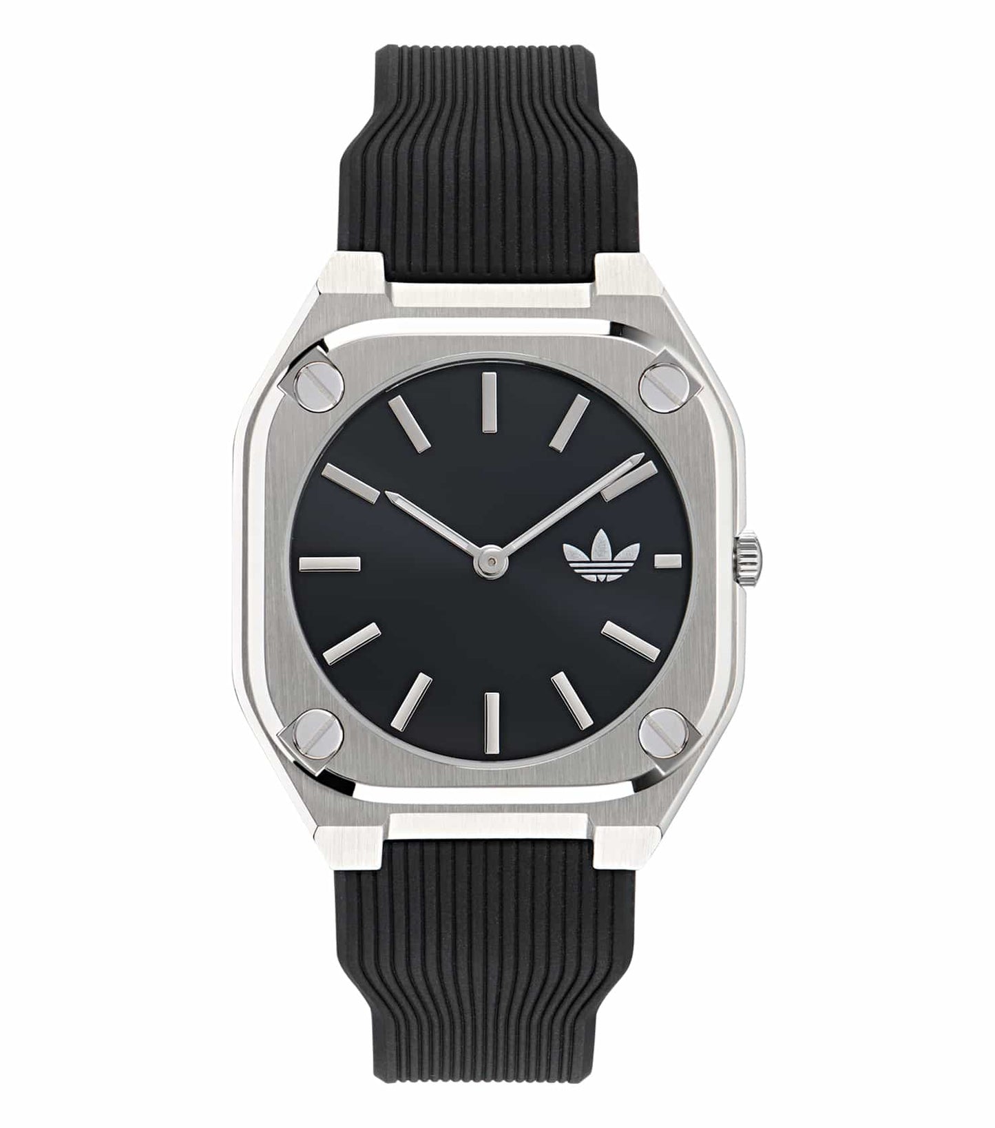 Elegant adidas thin quartz watch in cool tone, showcasing a minimalist design with gold accents from a 3/4 angle view.