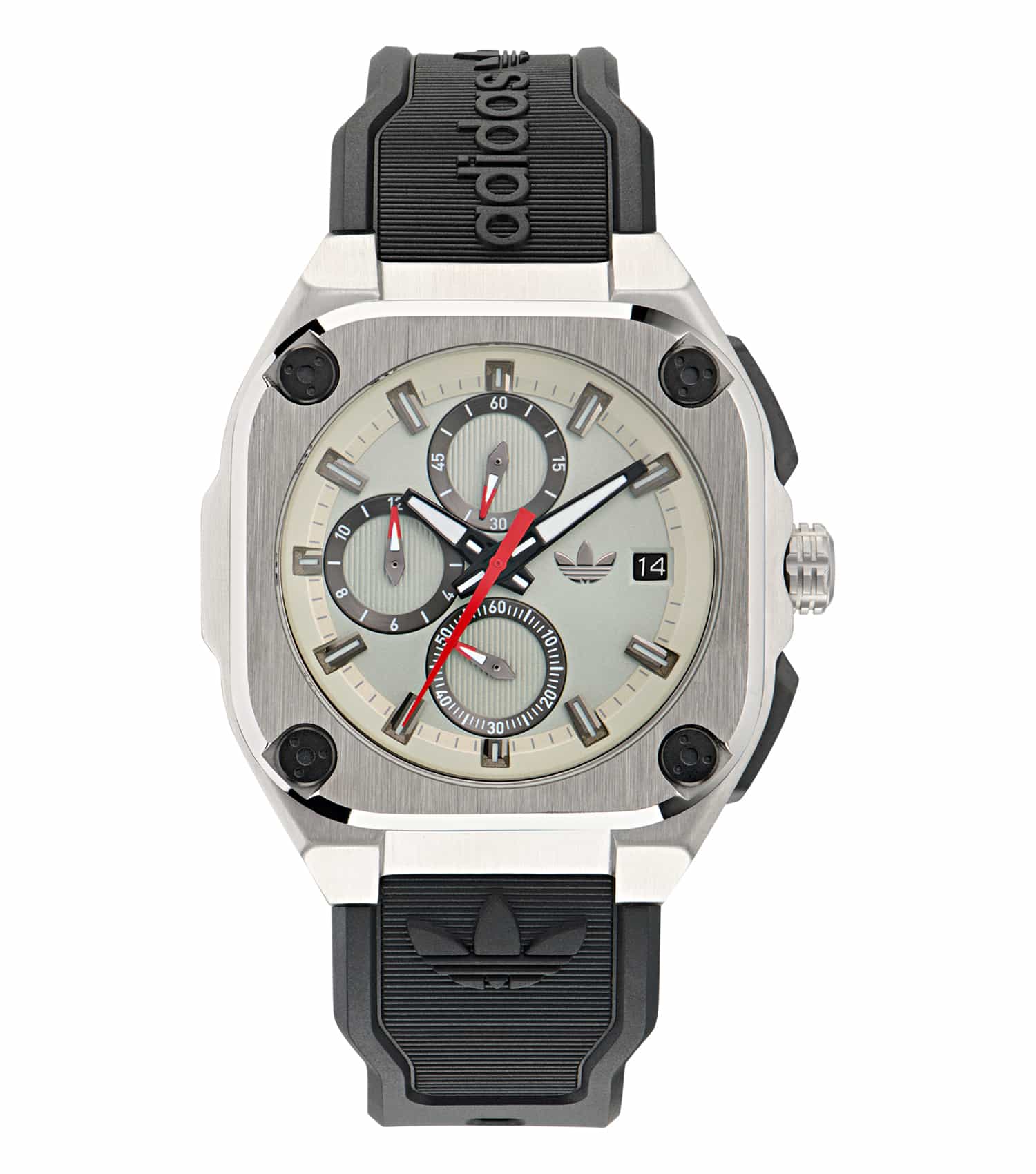 Adidas three-color watch featuring a sleek design, angled left, showcasing a vibrant face and comfortable band for style enthusiasts.