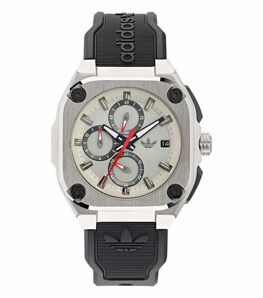 Adidas three-color watch featuring a sleek design, angled left, showcasing a vibrant face and comfortable band for style enthusiasts.
