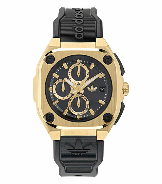 Adidas wristwatch in vivid orange from three-color collection, side view, featuring sleek design and easygoing flow.
