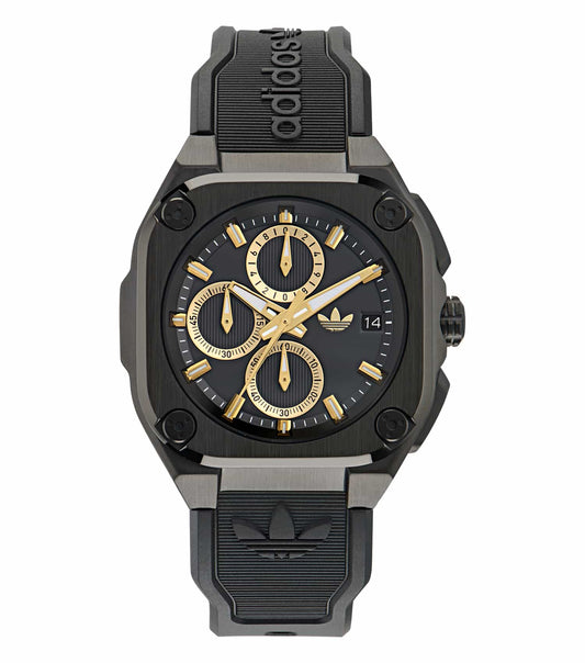 adidas timepiece, sleek monochrome design, elegant watch face captured at a dynamic angle, showcasing style and precision