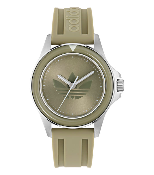Adidas watch with vibrant black color, displayed at a slight side angle, showcasing minimalist design and sleek form.