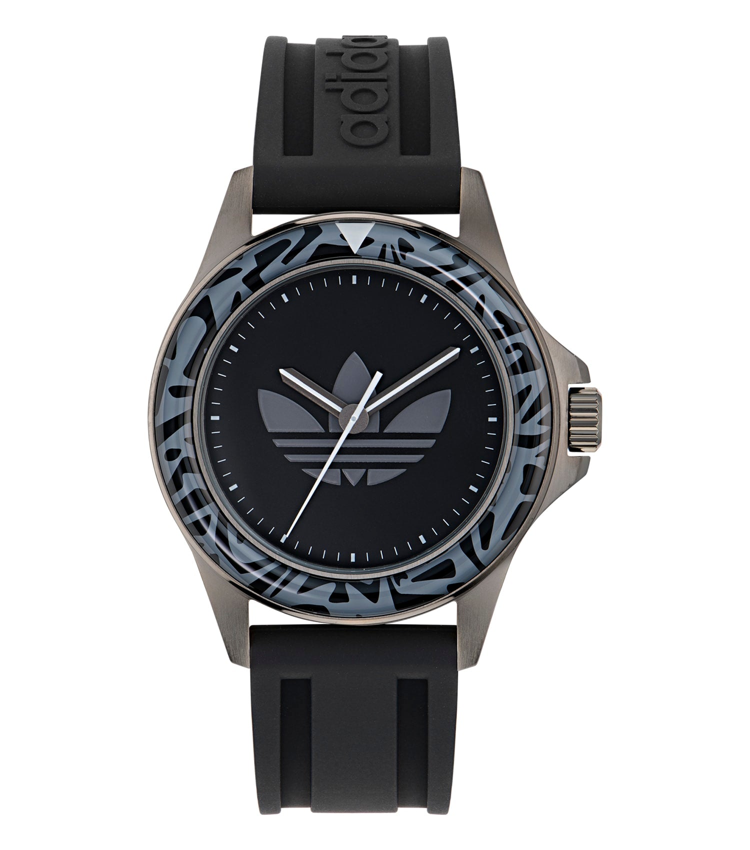 Adidas analog watch in white, side-view angle showcasing sleek minimalist design with clear dial and bold Adidas branding.