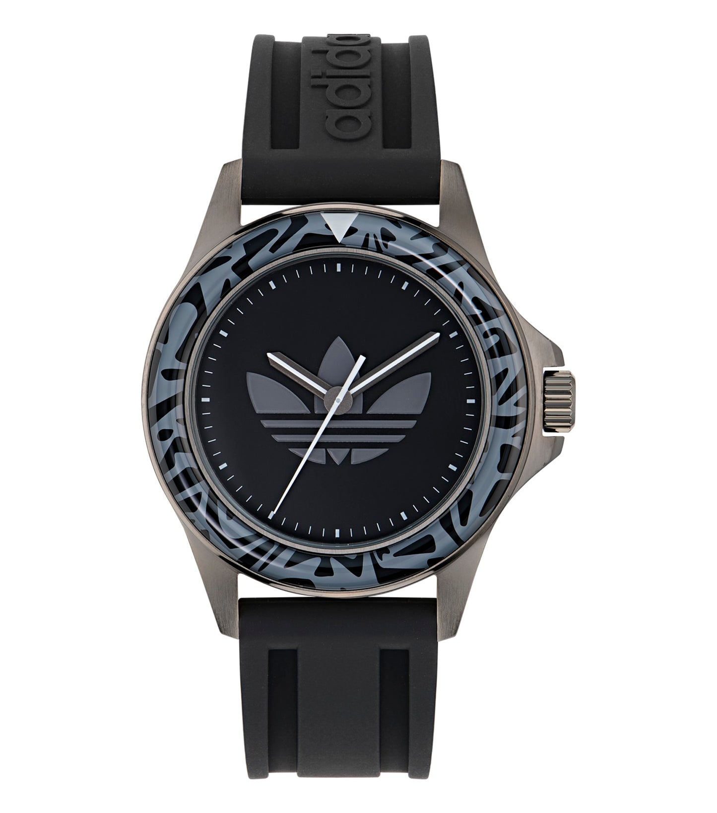 Adidas analog watch in white, side-view angle showcasing sleek minimalist design with clear dial and bold Adidas branding.