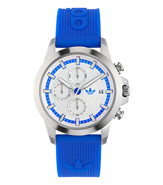 Adidas watch, black color, top view angle, highlighting minimalistic design and sleek black strap for timeless style elegance.