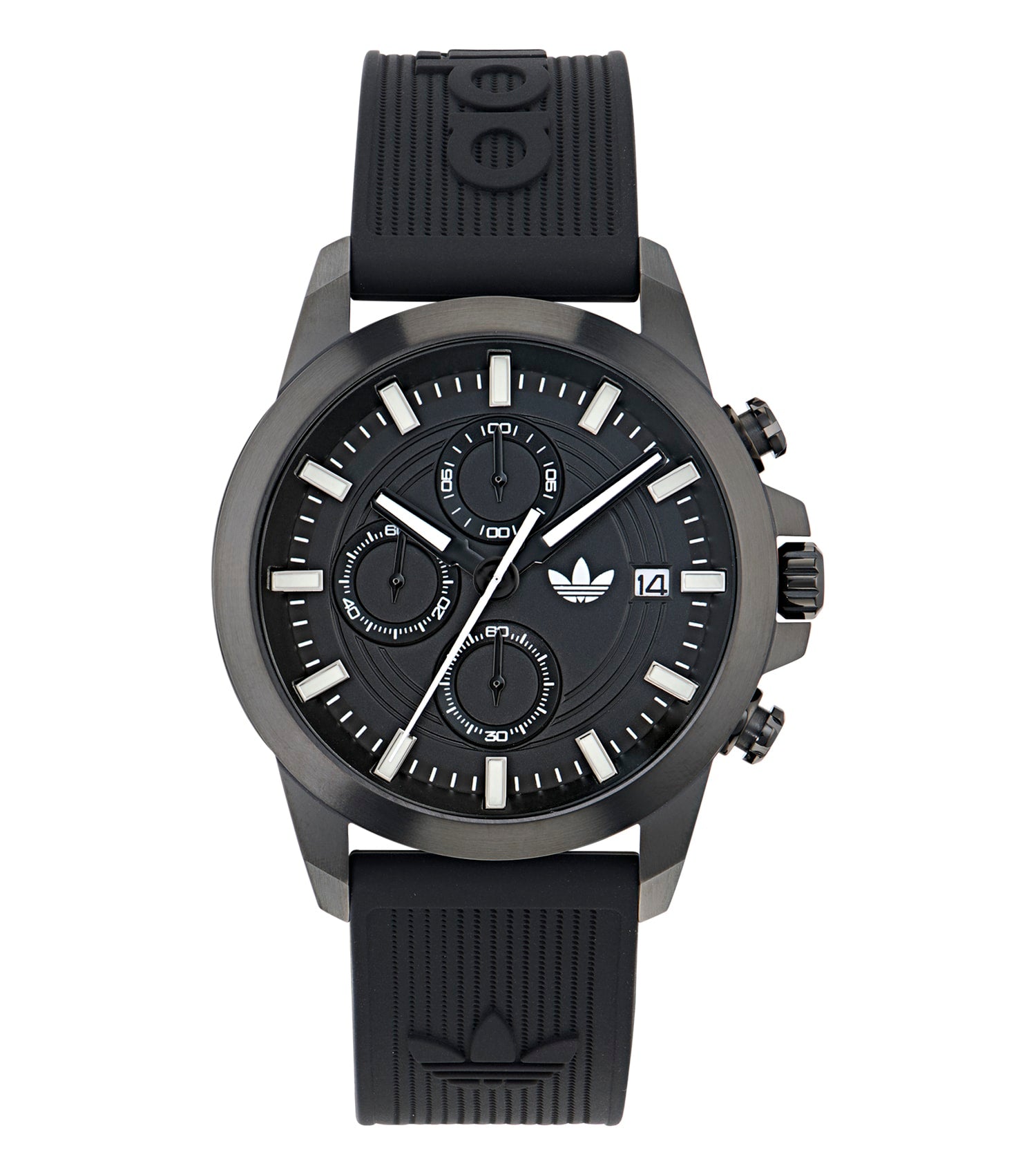 Adidas silver watch with a round face and minimalist design, showcased at a 45-degree angle, highlighting its sleek and modern aesthetics.