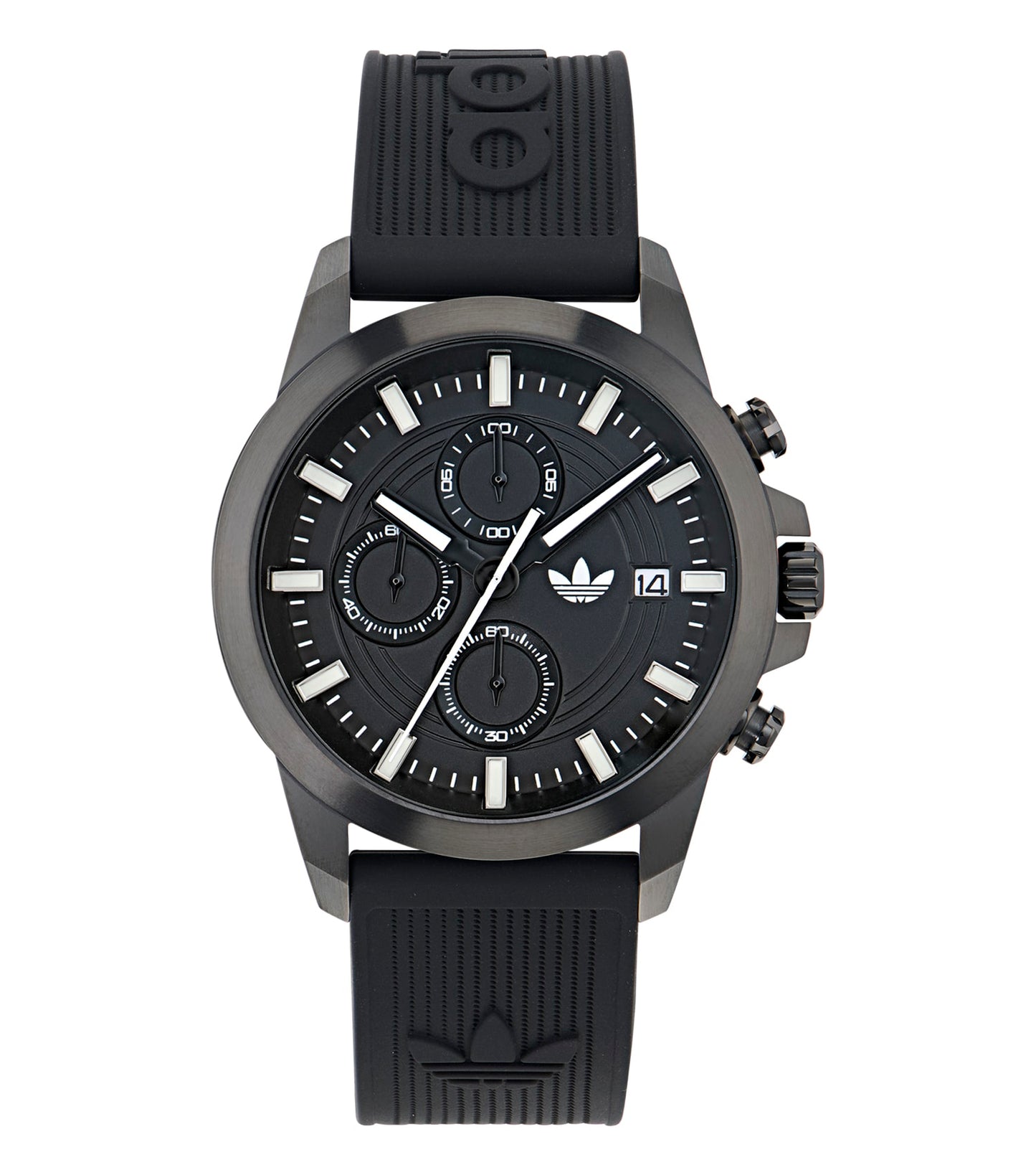 Adidas silver watch with a round face and minimalist design, showcased at a 45-degree angle, highlighting its sleek and modern aesthetics.