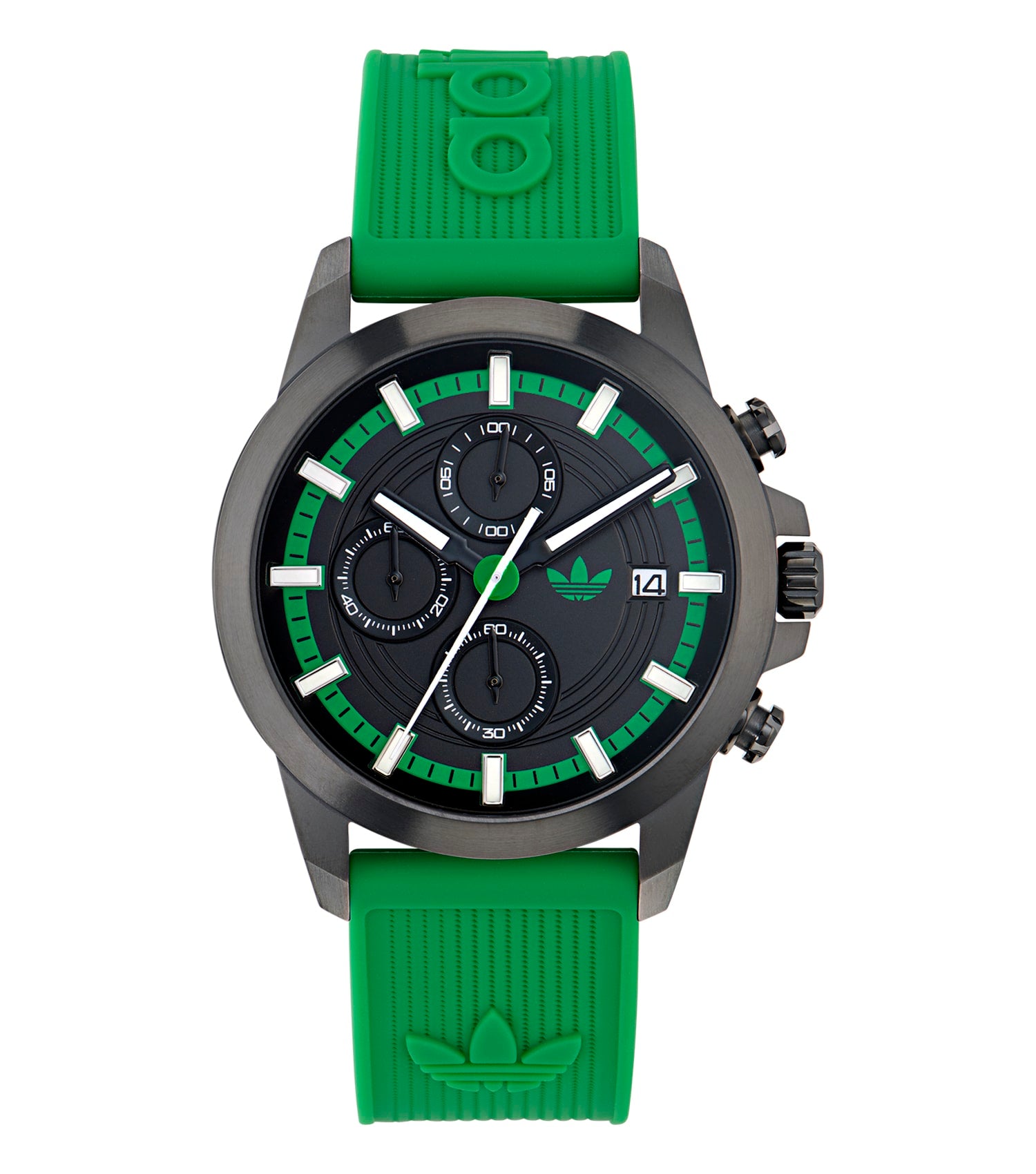  Adidas watch with a two-tone blue and white design, stylishly angled, showcasing its sleek bezel and digital display.