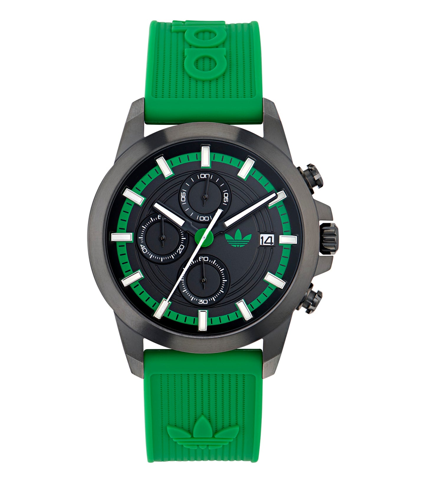  Adidas watch with a two-tone blue and white design, stylishly angled, showcasing its sleek bezel and digital display.