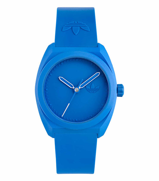 Adidas blue watch with round dial, silver accents, and sporty elegance, displayed at a 45-degree angle against a white background.