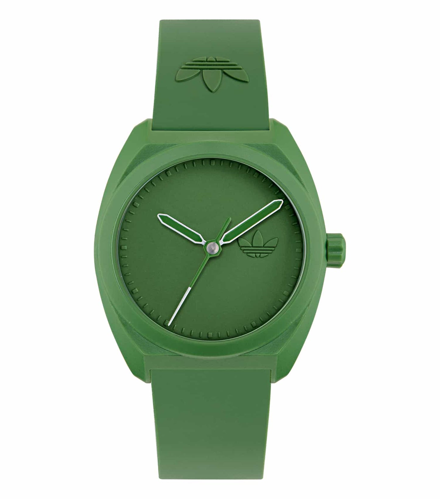 Adidas green watch featuring a sleek strap, elegant round dial, and a side angle view highlighting precision and modernity.