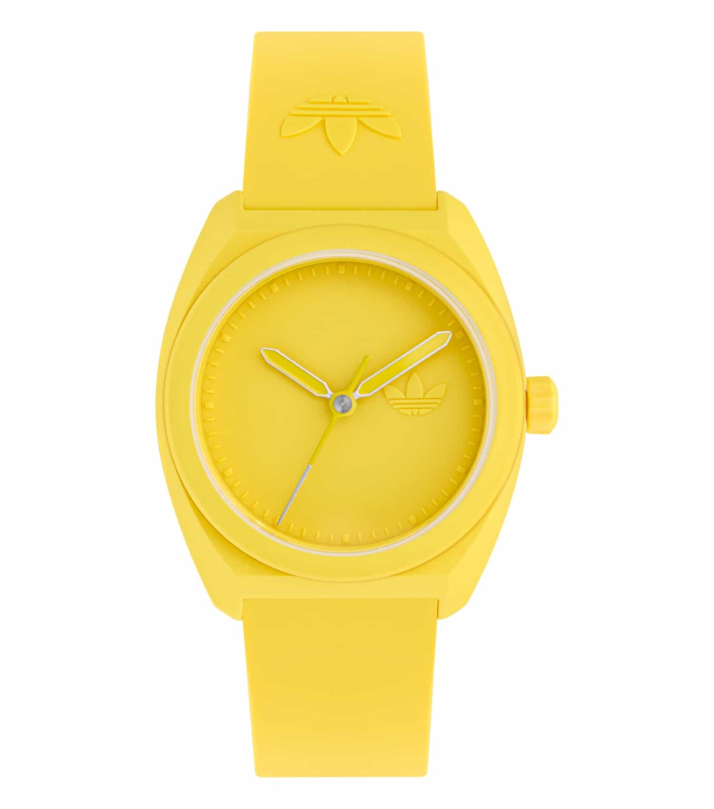 Adidas yellow watch with round face, angled at 42 degrees, showcasing its minimalist design and vibrant wristband.