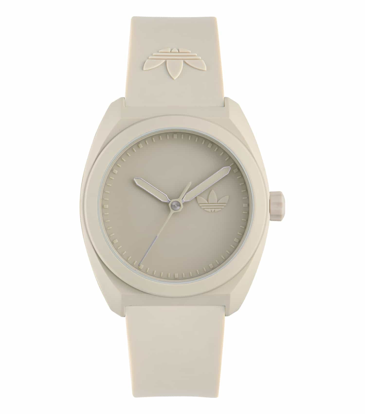 Adidas quartz watch in soothing single-color, side angle view; showcasing sleek design and comfortable band with easygoing elegance.