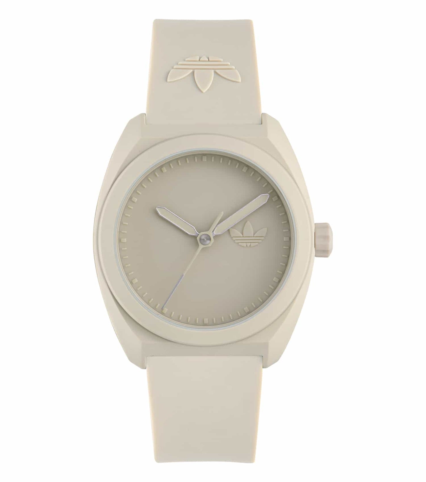 Adidas quartz watch in soothing single-color, side angle view; showcasing sleek design and comfortable band with easygoing elegance.