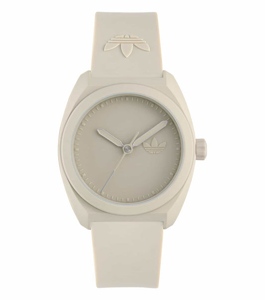 Adidas quartz watch in soothing single-color, side angle view; showcasing sleek design and comfortable band with easygoing elegance.