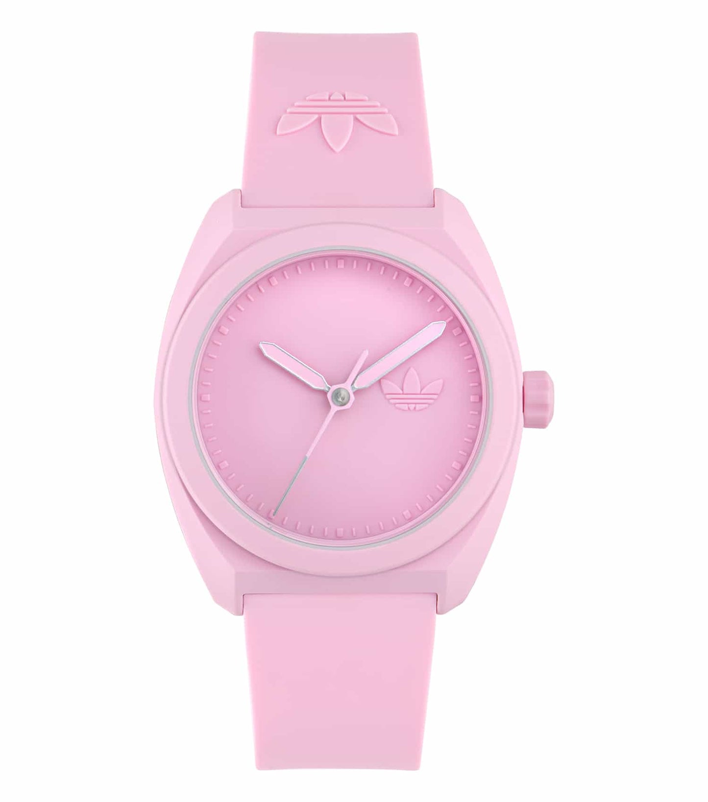 Adidas pink watch with rose-gold accents, side angle view, sleek design, passion for precise timekeeping and trendy fashion.