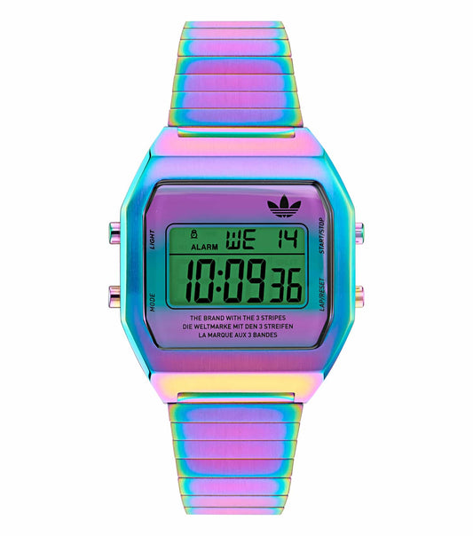 Adidas digital watch in a sleek black design, angled from the front, with an easygoing flow, showcasing minimalistic time display.