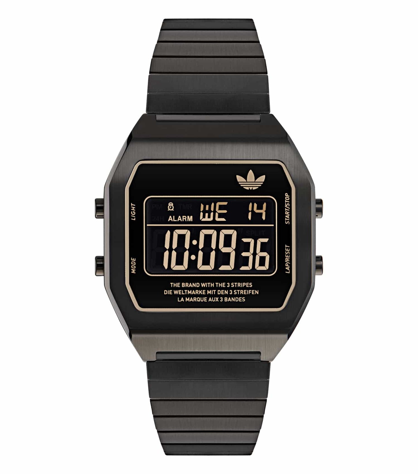 Adidas digital watch with sleek black design, shown from a front angle, featuring a minimalist display and sporty elegance.