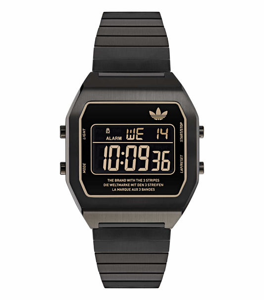 Adidas digital watch with sleek black design, shown from a front angle, featuring a minimalist display and sporty elegance.