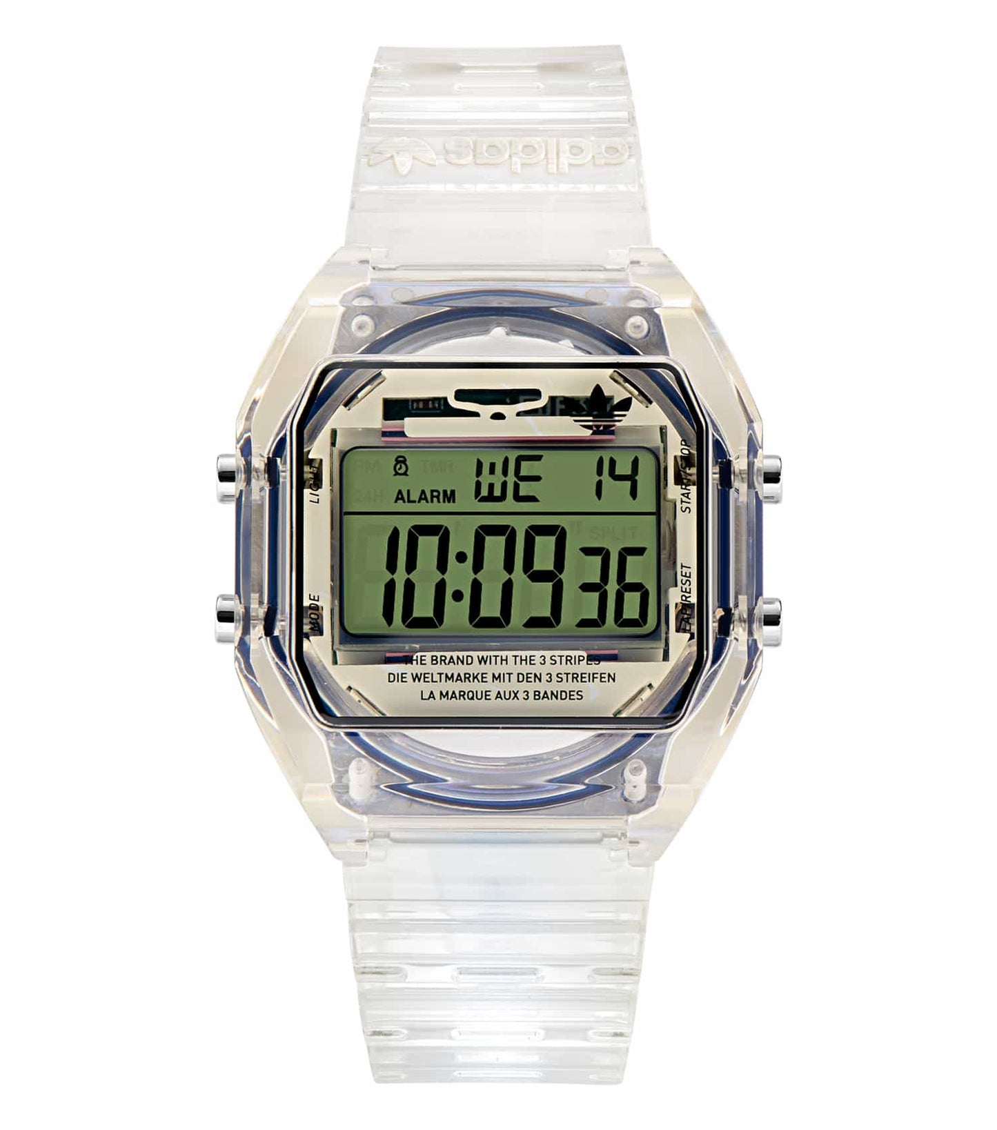 Adidas watch in a clear crystal color, showcasing a sleek round face at a 36-degree angle, exuding modern elegance.