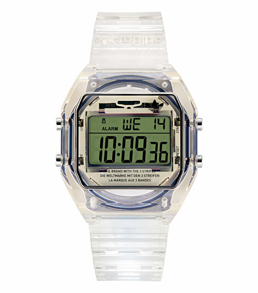 Adidas watch in a clear crystal color, showcasing a sleek round face at a 36-degree angle, exuding modern elegance.
