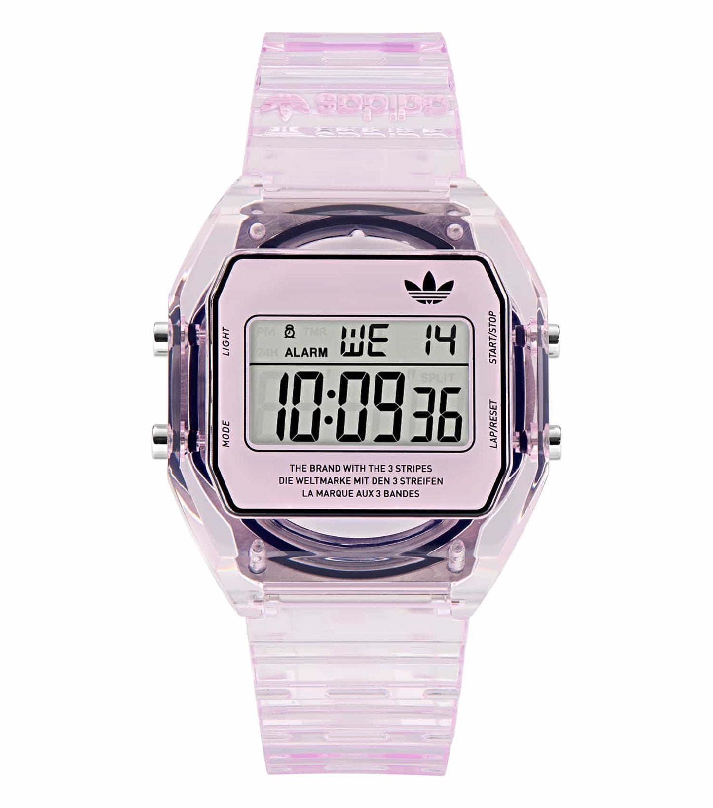 Adidas pink watch with sleek design, round face, and minimalist style, captured from the front angle to highlight elegance.