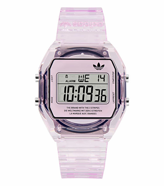 Adidas pink watch with sleek design, round face, and minimalist style, captured from the front angle to highlight elegance.
