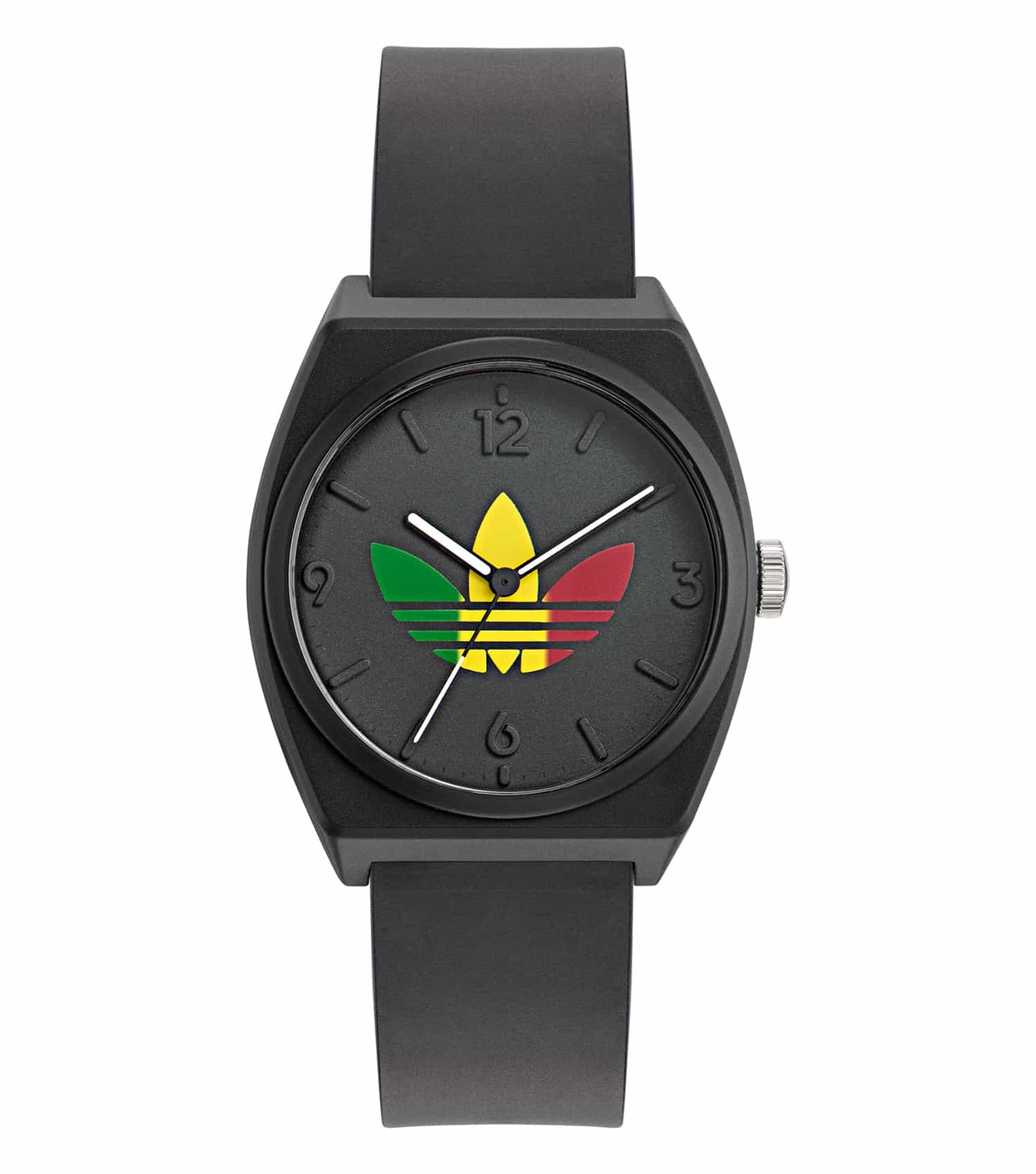 Adidas black watch, side angle view showing sleek design with black strap and modern round dial, reflecting elegance and precision.