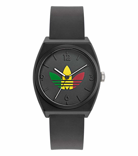 Adidas black watch, side angle view showing sleek design with black strap and modern round dial, reflecting elegance and precision.
