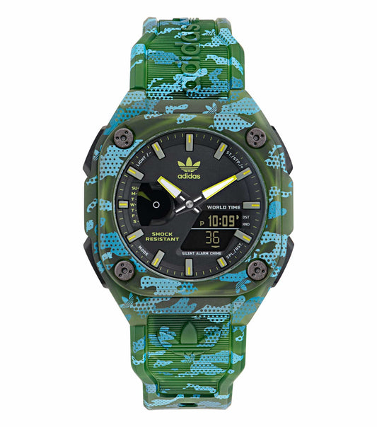 Adidas black watch with minimalist design, displayed at a 45-degree angle, showcasing sleek styling and modern elegance.