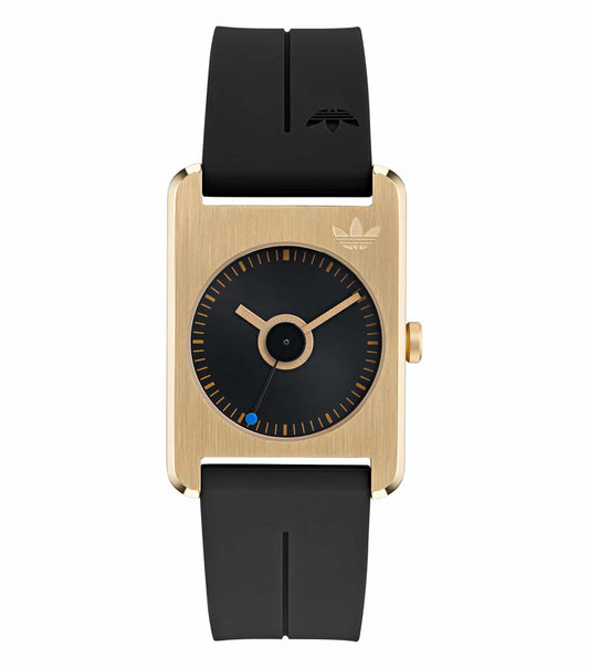 Side view of a sleek black Adidas watch, showcasing its minimalist design and stainless steel case—perfect for passionate watch enthusiasts.