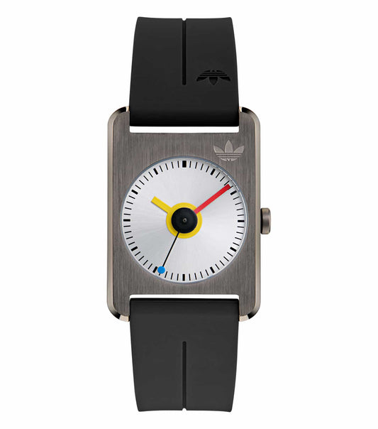 adidas Pop One watch in vibrant color, close-up top angle showcases sleek design, gloss finish, minimalist aesthetic, sporty elegance.