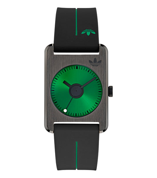 Adidas watch with black strap facing front-right angle; sleek minimalist design; perfect for enthusiasts of timeless elegance.
