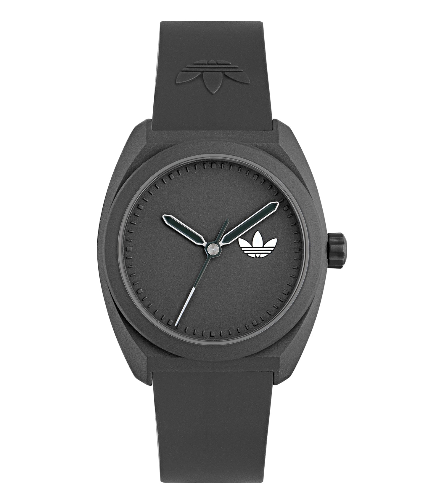 Adidas analog watch with bold black and white design, 42-degree angle, showcasing a sleek and sophisticated style.