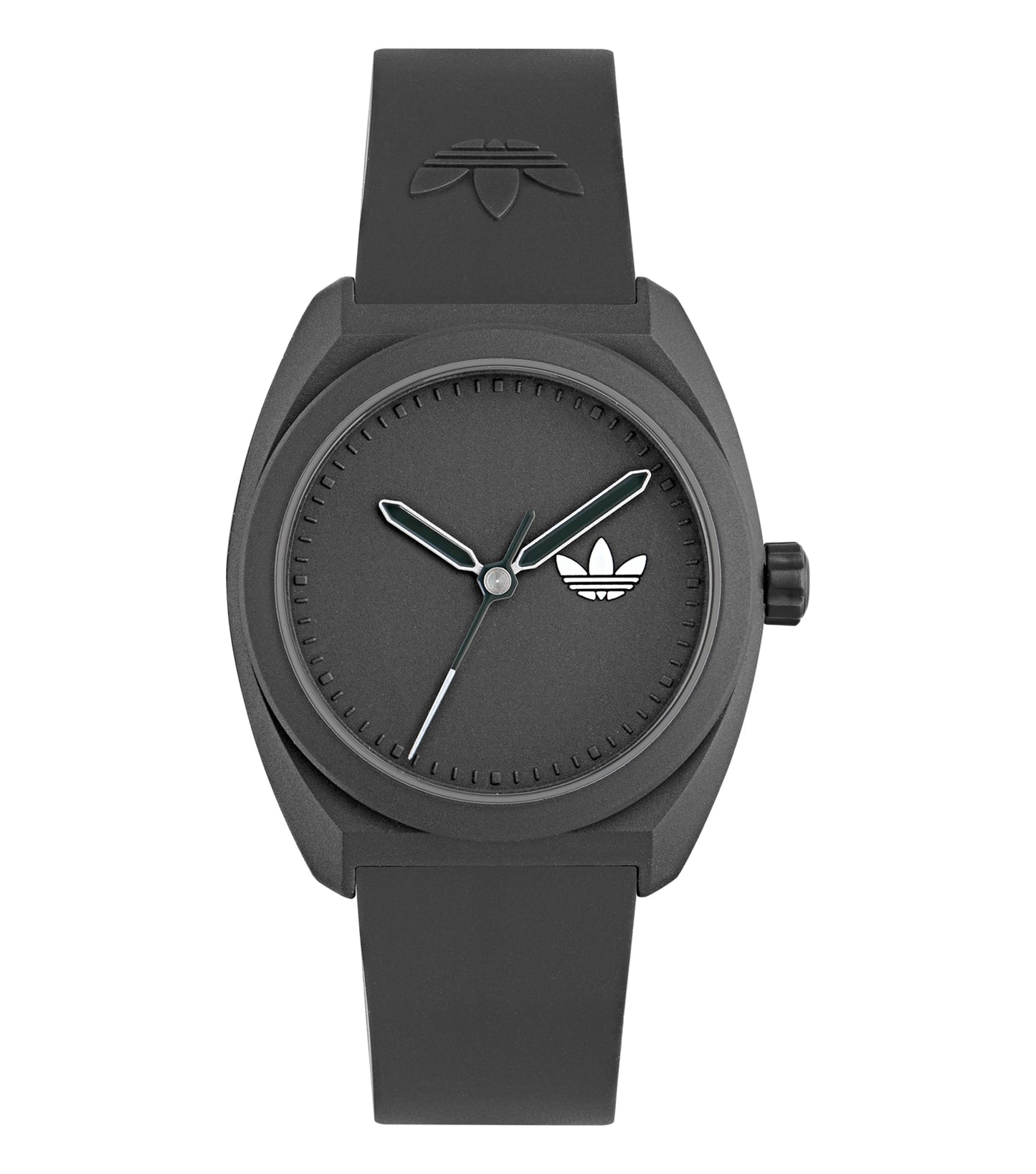 Adidas analog watch with bold black and white design, 42-degree angle, showcasing a sleek and sophisticated style.