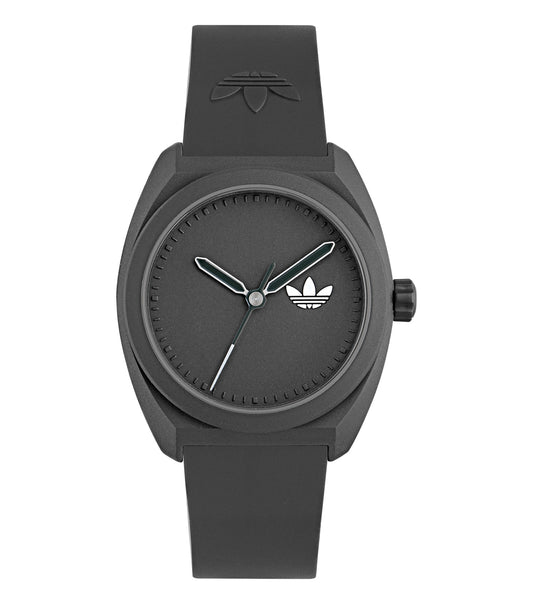 Adidas analog watch with bold black and white design, 42-degree angle, showcasing a sleek and sophisticated style.