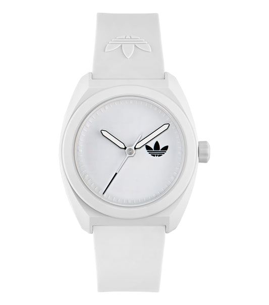 adidas Analog Watch in vibrant green, featuring a sleek round face and minimalist design, viewed at a slight angle for elegance.