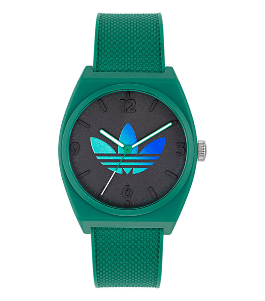 Adidas black watch with a sleek digital display, angled from the top right, embodies sporty elegance and innovative design.
