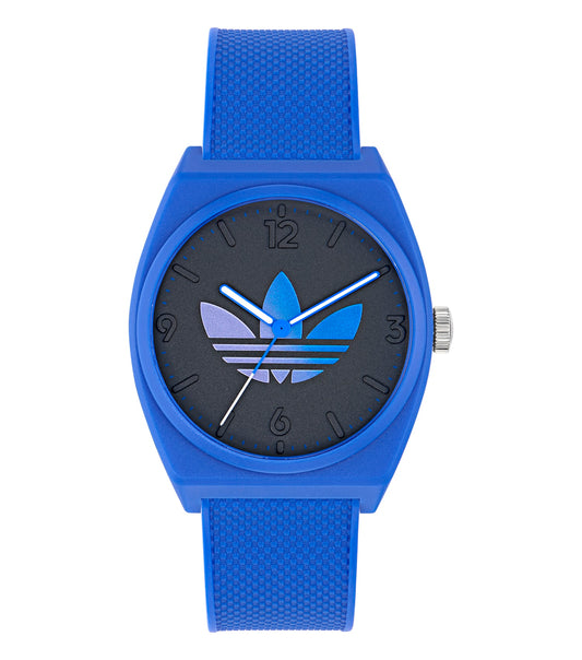 Top view of a sleek, black Adidas analog watch with a minimalist design, featuring a round face and durable band for style enthusiasts.