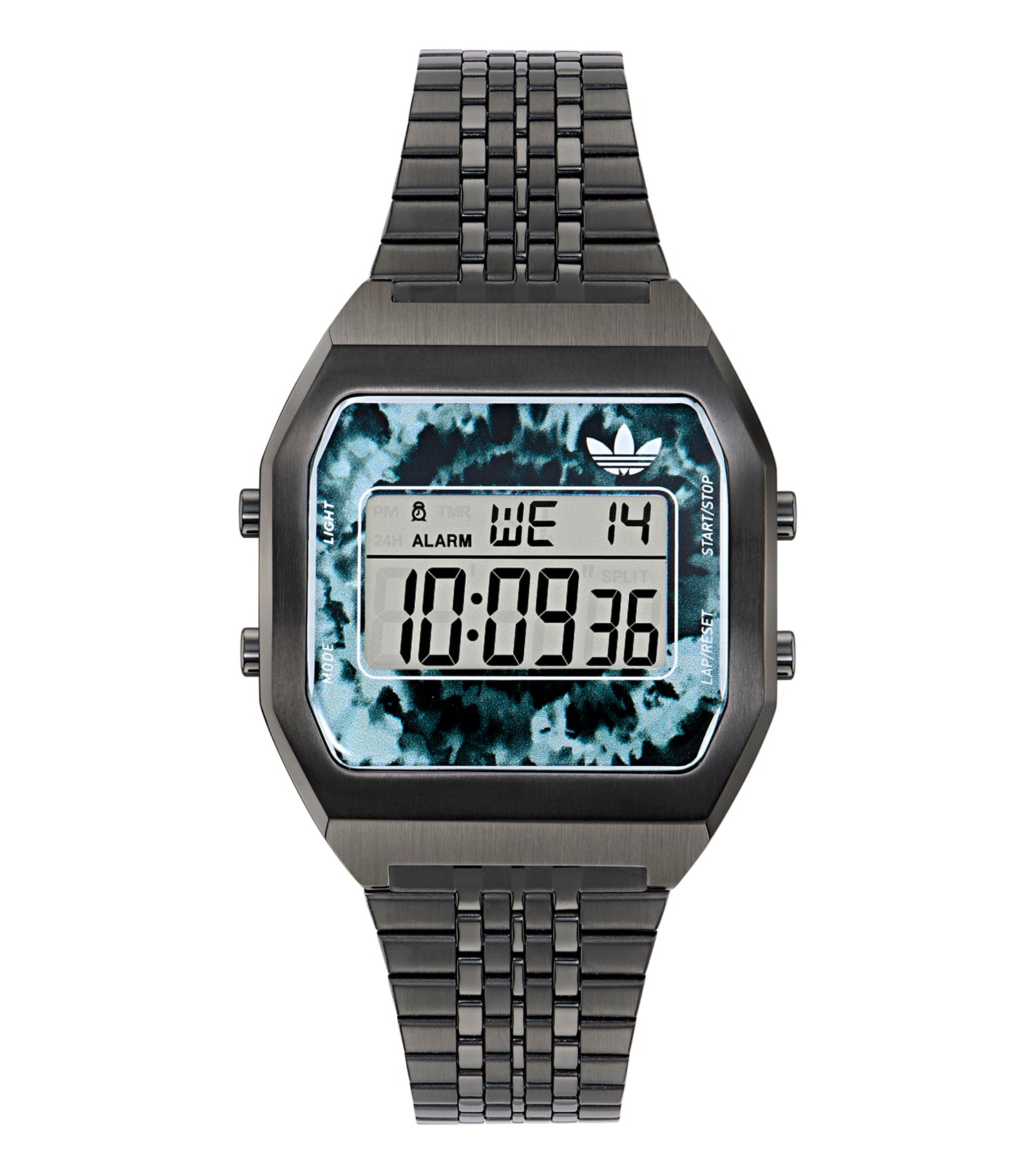 Adidas digital wristwatch in a vibrant blue, featuring diagonal angle showing watch face details and sporty lifestyle aesthetic.
