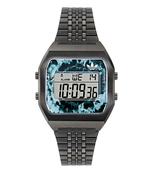 Adidas digital wristwatch in a vibrant blue, featuring diagonal angle showing watch face details and sporty lifestyle aesthetic.