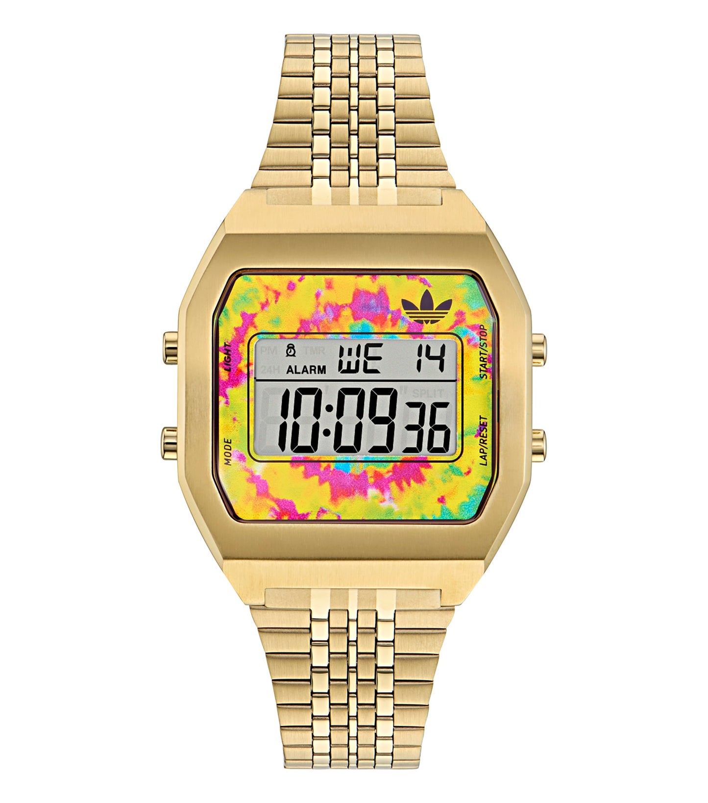 Adidas stylish two-color wristwatch featuring a black and gold color scheme, front-angle view, showcasing seamless design excellence.