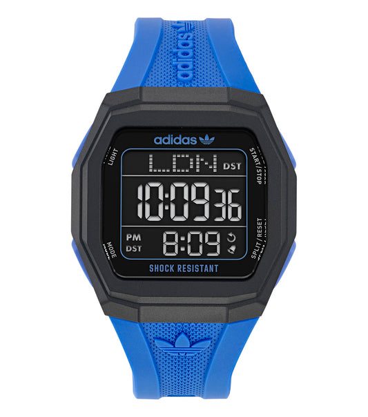 adidas watch, elegant black dial with minimalistic gold accents, side profile view, showcases sleek design and premium quality