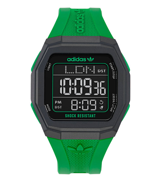 Sleek adidas watch in black, featuring a bold face and minimalist design, angled perfectly to showcase its elegance and style.