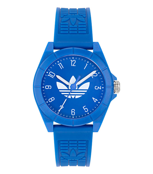 Adidas watch in black and yellow with bold numerals, displayed at a left-angle view, showcasing a sleek, sporty design.